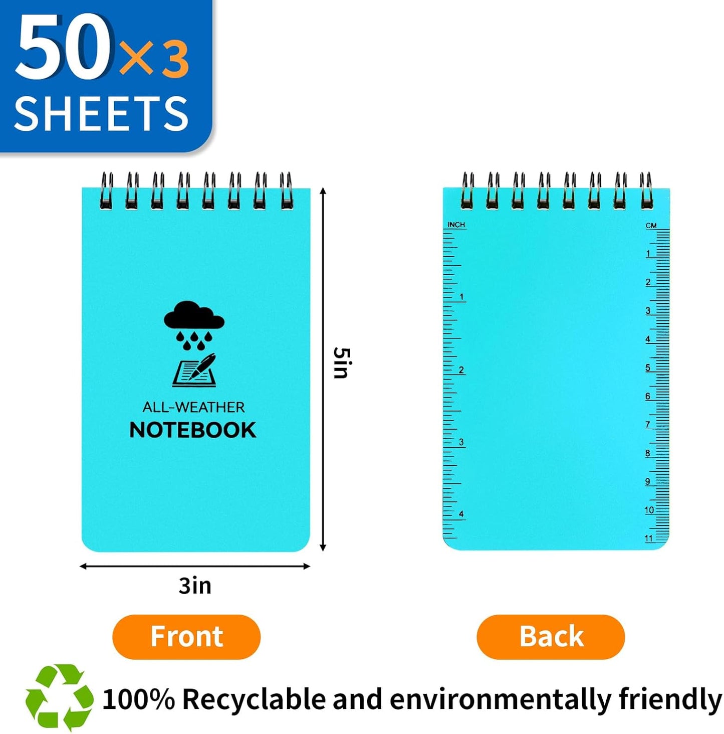 COIDEA 3 Pack Waterproof Notebook, 3 x 5 Pocket Notepad, All Weather Small Pocket Notebook Paper, Mini Spiral Notepad Police Notepad 100 Lined Pages for Outdoor Office