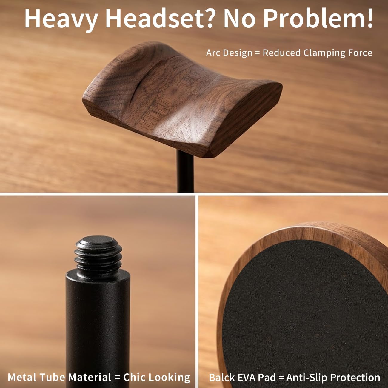 Headphone Holder Stand for Desk, Wood and Metal Headset Hanger Mount Hook Gaming Holder Desktop Earphone Artful Functional Craftsmanship Stand for All Headsets with Solid Wooden Base