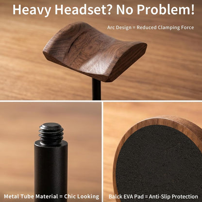 Headphone Holder Stand for Desk, Wood and Metal Headset Hanger Mount Hook Gaming Holder Desktop Earphone Artful Functional Craftsmanship Stand for All Headsets with Solid Wooden Base