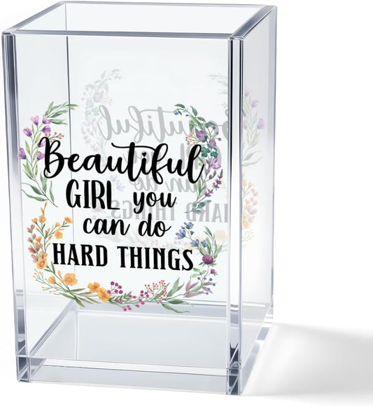Never Let Anyone Dull Your Sparkle Acrylic Makeup Brush Organizer Holder, Girl Power Desk Acrylic Brushes Storage, Inspirational Quote Gifts for Women Friend Sister Make Up Artist Makeup Lover