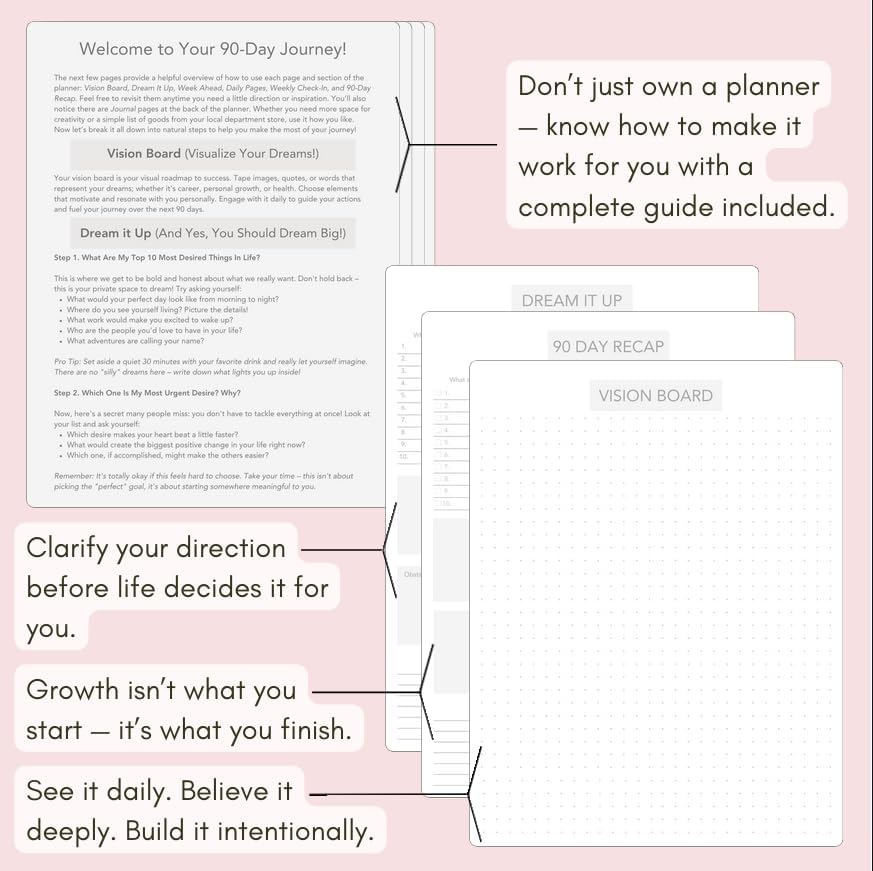 Pland Studio 90-Day Planner Journal – Undated Daily Goal Organizer in Alabaster Linen | Gratitude Journal, Habit Tracker, Vision Board, and Reflection Pages for Mindful Planning