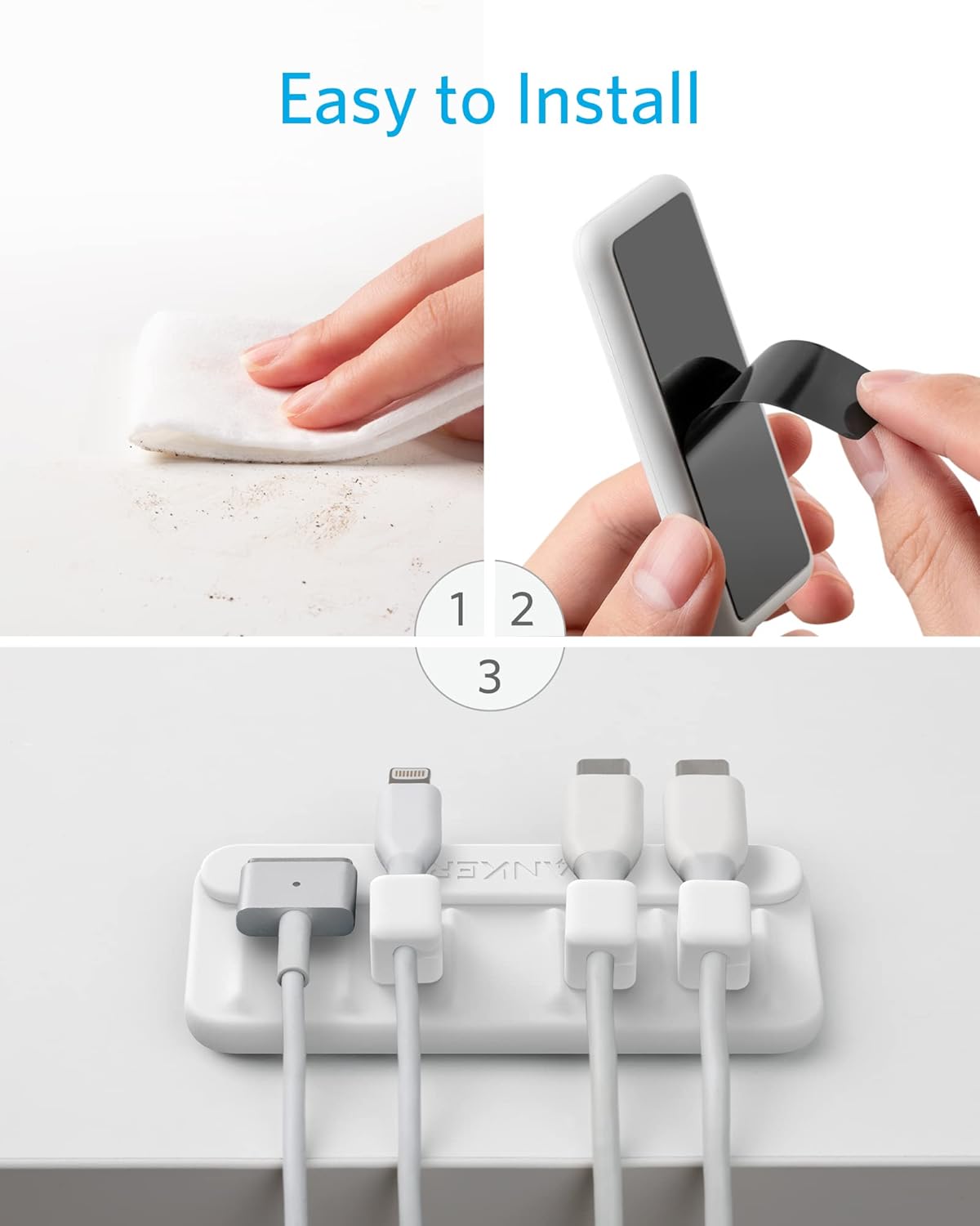 Anker Multipurpose Cord Keeper - 5 Clips for Lightning, USB C, Micro Cables & Other Wires - Sticks to Wood, Marble, Metal, Glass (White, 1 Pack)
