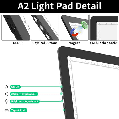 TOHETO Rechargeable A2 Light Pad for Diamond Painting 25.2''x18.4'', Magnetic Diamond Art Light Board, Wireless Lightbox for Tracing and Drawing, Cordless LED Light Table for Sketching, Weeding Vinyl