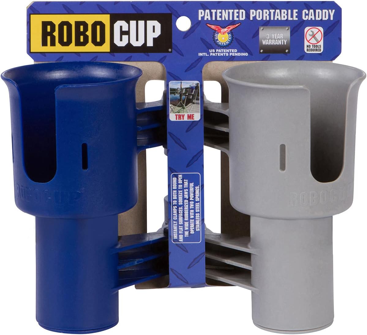 ROBOCUP, (White), Patented Clamp On Boat Cup Holder |Multifunction Dual Drink Caddy for Fishing Poles, Tools, Net, Gaff |Portable Storage for Boating, Beach, Umbrellas, Golf Carts, Strollers