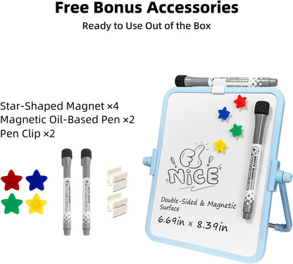 Colorful Dry Erase White Board 8.3x11in, Magnetic Desktop Board with Stand, 2 Markers (Eraser Head), 4 Magnets - Double-Sided Easel for Daily Planning, Memo, Office/Home/School (Blue)