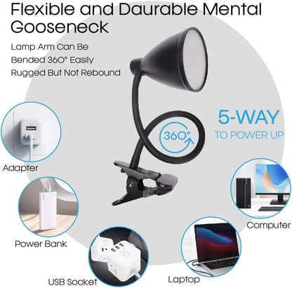 GlowVibe Desk Lamp 3 Color Modes 10 Brightness Dimmer Reading Light 10W 40 LED Clamp Lamp 360° Flexible Neck Clip on Light for Bedroom and Office Home Lighting, AC Adapter Include