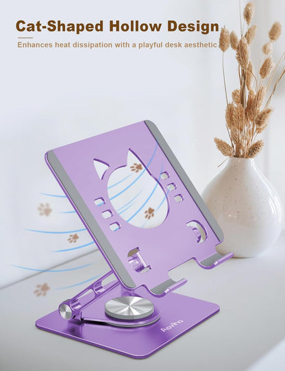 Aoviho Tablet Stand 360° Rotating Aluminum Holder - Adjustable, Portable & Foldable Monitors Stand for iPads, Compatible with 4-13.3" Tablets, Purple