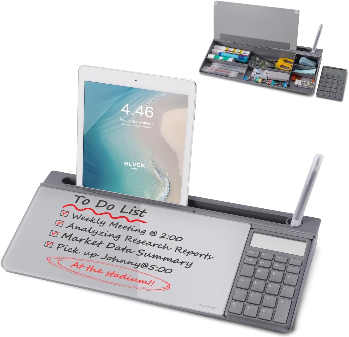 TSJ OFFICE Small Desktop Whiteboard -Glass Dry Erase Board Computer Keyboard Stand White Board Surface Pad with Drawer, Desk Organizers with Accessories for Office, Home, School Supplies - White