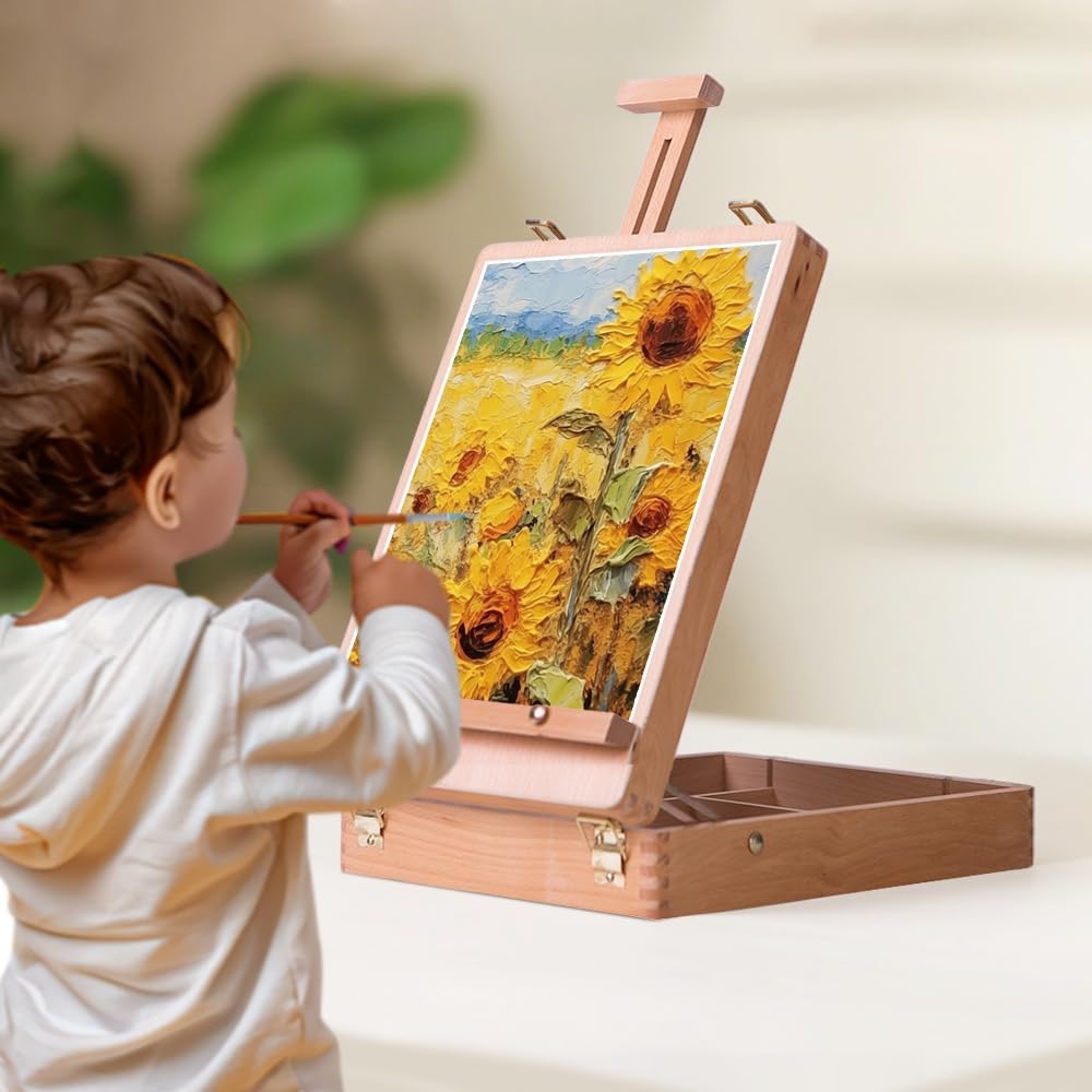 Wooden Art Easel for Painting & Sketching - Tabletop & Table Top Easel with Storage - Adjustable Height & Angle, Foldable - Perfect for Adults, Artists, Students & Beginners