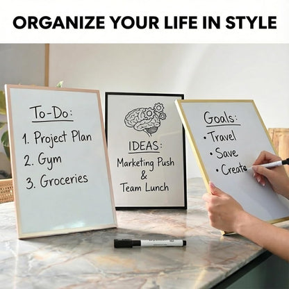 Magnetic Dry Erase Board 12x16 with Foldable Stand, Portable Gold Desktop Whiteboard for Home, Office, School & Kitchen, Includes Weekly & Monthly Magnetic Planner Sheets