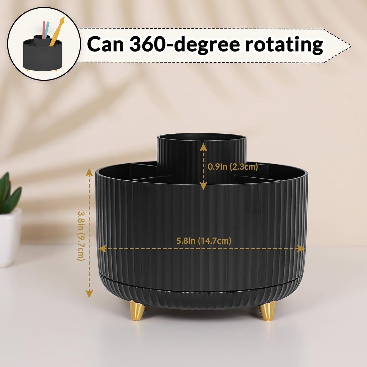 SKYDUE 360 Rotating Plastic Desk Pen Organizer with 5 Slots, Dual-Purpose Art Supply Pencil Cup for Office, School, Home
