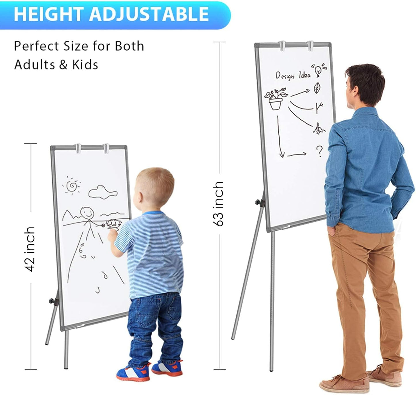 Easel Whiteboard - Magnetic Portable Dry Erase 36 x 24 Tripod Height Adjustable, 3' x 2' Flipchart Easel Stand White Board for Office or Teaching at Home & Classroom (36x24 White)