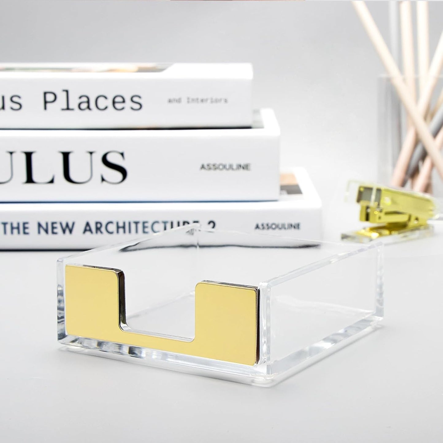 MultiBey Gold Sticky Notes Holder Clear Acrylic Memo Pad Dispenser Post it Note Holder Desk Supplies Organizer Accessories for Office Home Schools (Gold)