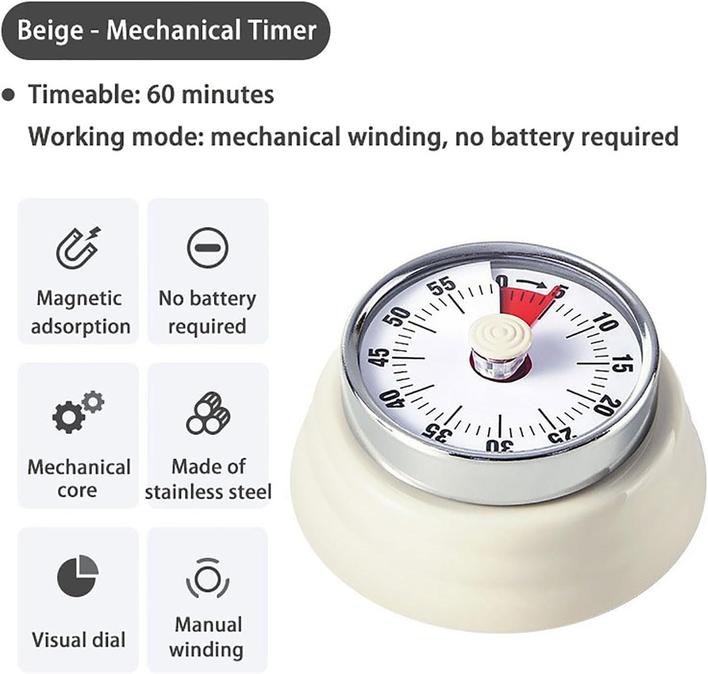 Elegant Stainless Steel Vintage Kitchen Timer with Magnetic Attachment - 60-Minute Countdown & Audible Alarm, Perfect for Cooking, Office Tasks, and Study Sessions (01-red)
