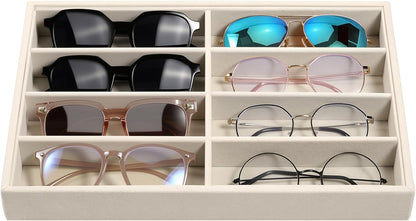 Emibele Glasses Organizer Jewelry Tray, 8 Grids with Clear Lid Velvet Tray Watch Storage Stackable Jewelry Showcase Display Storage with Detachable Inner Dividers, Beige
