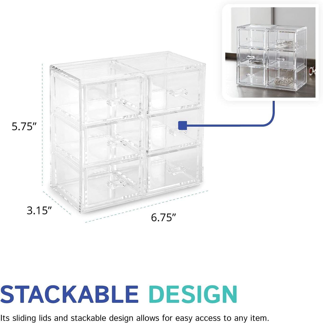 Huang Acrylic Clear Stackable Upright 3-Drawer Organizer, Makeup Jewelry Accessories Cosmetic Countertop Storage Display 3.5 x 3.25 x 5.75 inches