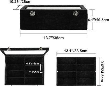 Frebeauty 16 Slots Sunglasses Organizer,2 Layer Velvet Sunglasses Tray with Glass Lid,Multiple Pairs Sunglass Display Case for Man or Woman,13.7 * 10.25 * 4.1 Inches Eyeglass/Eyewear Box (Beige)