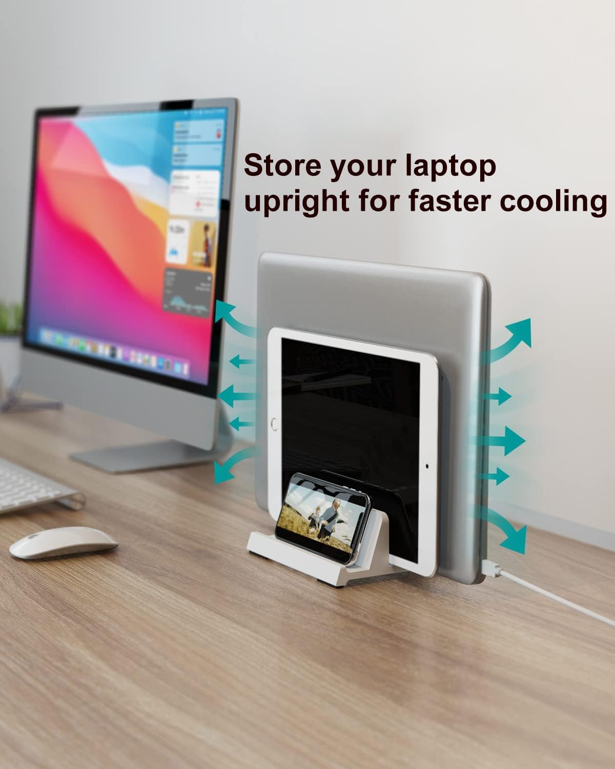 Vertical Laptop Stand for Desk, Dual Slots Plastic Laptop Holder with Space Saving 4-in-1 Design, Adjustable Width Supports MacBook, Chromebook, Surface, Dell (Black)