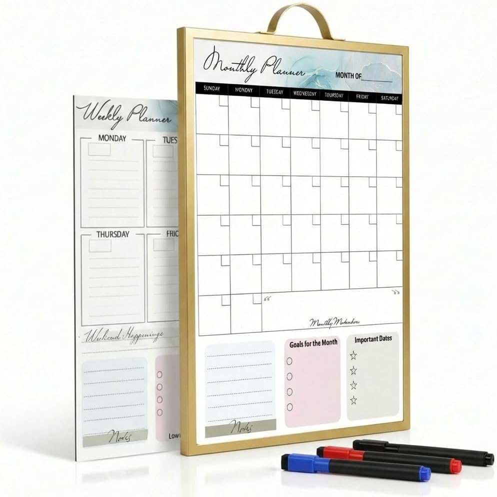 Black Magnetic Dry Erase Whiteboard 12 x 16 Double Sided, Portable Planner Board with Weekly Monthly Sheets, Write and Wipe to Do List Board, Includes 3 Markers Eraser 2 Magnets
