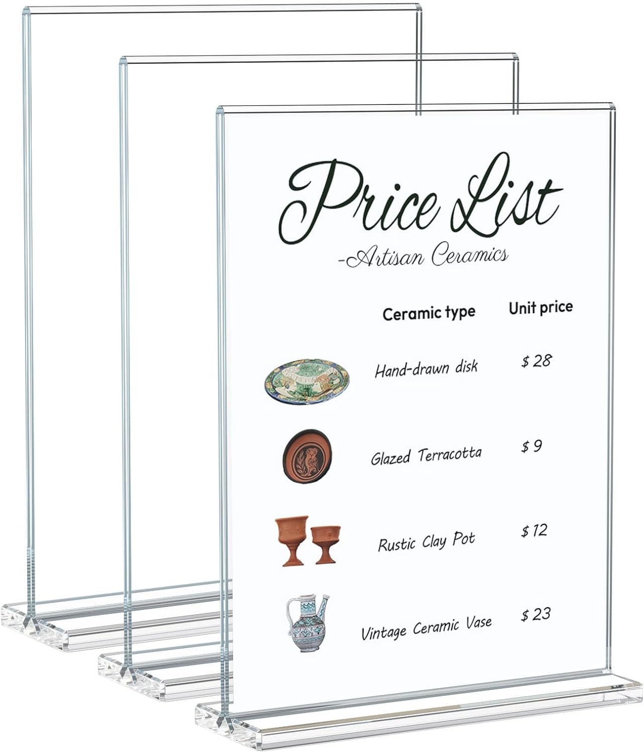 NIUBEE Acrylic Sign Holder Unbreakable: 8.5 x 11 Flyer Stand for Outdoor Vendor Event Booths - Clear Price List Paper Display for Craft Fair Market Table - 3 Pack