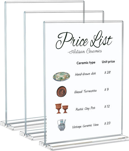 NIUBEE Acrylic Sign Holder Unbreakable: 8.5 x 11 Flyer Stand for Outdoor Vendor Event Booths - Clear Price List Paper Display for Craft Fair Market Table - 3 Pack