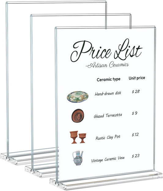 NIUBEE Acrylic Sign Holder Unbreakable: 8.5 x 11 Flyer Stand for Outdoor Vendor Event Booths - Clear Price List Paper Display for Craft Fair Market Table - 3 Pack