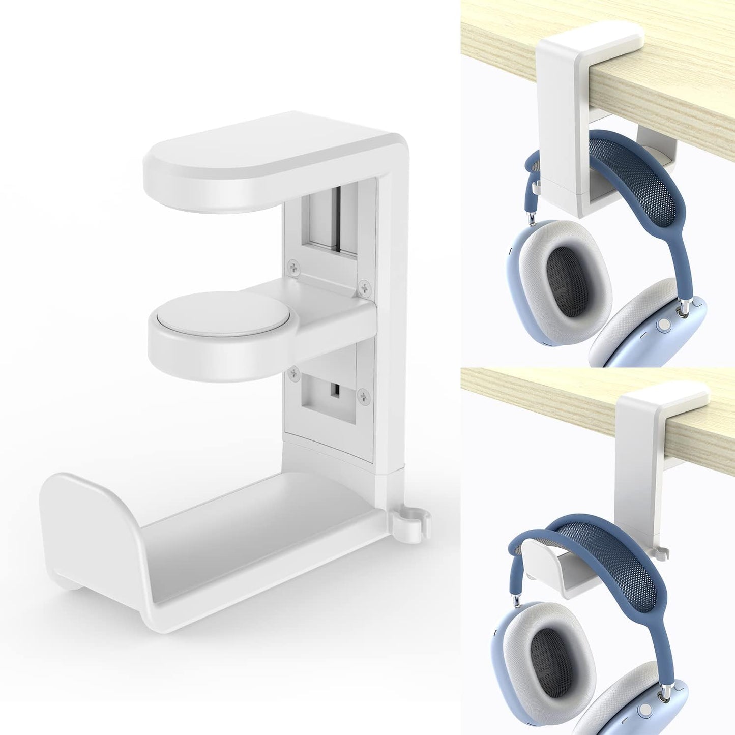 3in1 Rotating Headphone Holder - EURPMASK 3in1 PC Gaming Headset Holder w/Detachable Controller Holder, Adjustable Clamp-on Headset Stand,Headphone Hanger Hook Under Desk w/Cable Clip Organizer,Black
