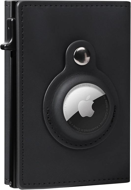 GAOCHALE AirTag Wallet Genuine Leather Air Tag Wallet RFID Technology Credit Card Holder with Minimalist Wallet for Men for Apple AirTag (No Airtag Included)(Black)