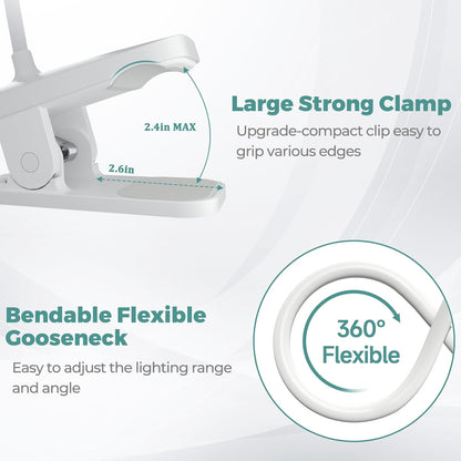 CUHIOY Rechargeable Clip on Reading Light for Bed, Battery Desk Lamp, 5 Color 5 Brightness & Touch Control Headboard Lamp, Large Clamp Lamp with Flexible Neck, Eye Protect LED Bedside Light, Pink