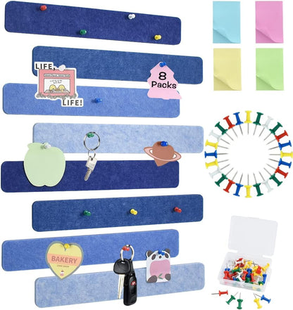 Vuzvuv 8 pcs Bulletin Board Bar Strips with 50 Pushpins & 10 Wooden Clip pins，Self Adhesive Cork Board for Wall，Felt Pin Board for School，Office Decor（Black White Grey）