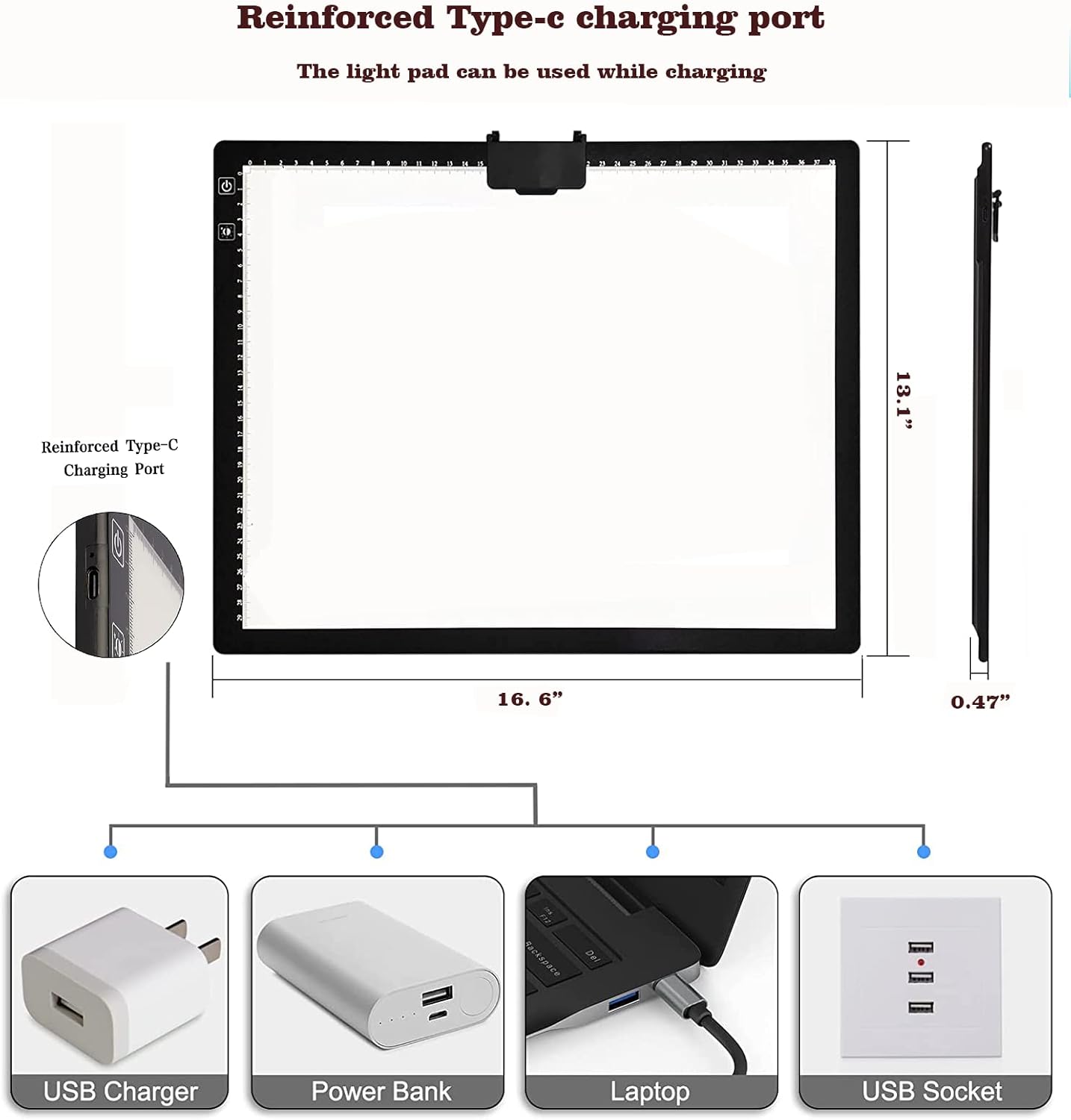 YINGWOND Rechargeable A4 LED Light Pad with Padded Case, Tracing Light Box w/Riser Stands and Paper Clip, 6 Levels of Brightness, Type-c Cable, Wireless Diamond Painting Light Board