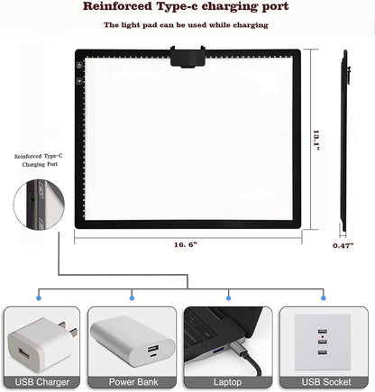 YINGWOND Rechargeable A4 LED Light Pad with Padded Case, Tracing Light Box w/Riser Stands and Paper Clip, 6 Levels of Brightness, Type-c Cable, Wireless Diamond Painting Light Board