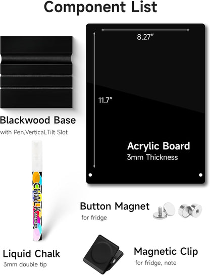 Acrylic Black Dry Erase Board with Stand - 8” x 6” Small Desktop Whiteboard with Marker, Reusable Desk Blackboard, to-Do List, Planner, Memo Clipboard, Menu Board for Office, Home, Bar