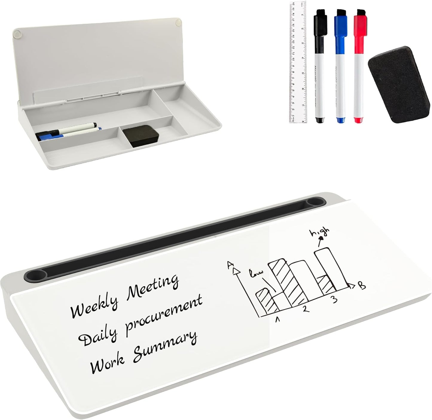Desktop Whiteboard, Glass Dry Erase Board, Desk Board Buddy,Computer Keyboard Stand,Desk Whiteboard Organizer for Home,Office,School Supplies(White)