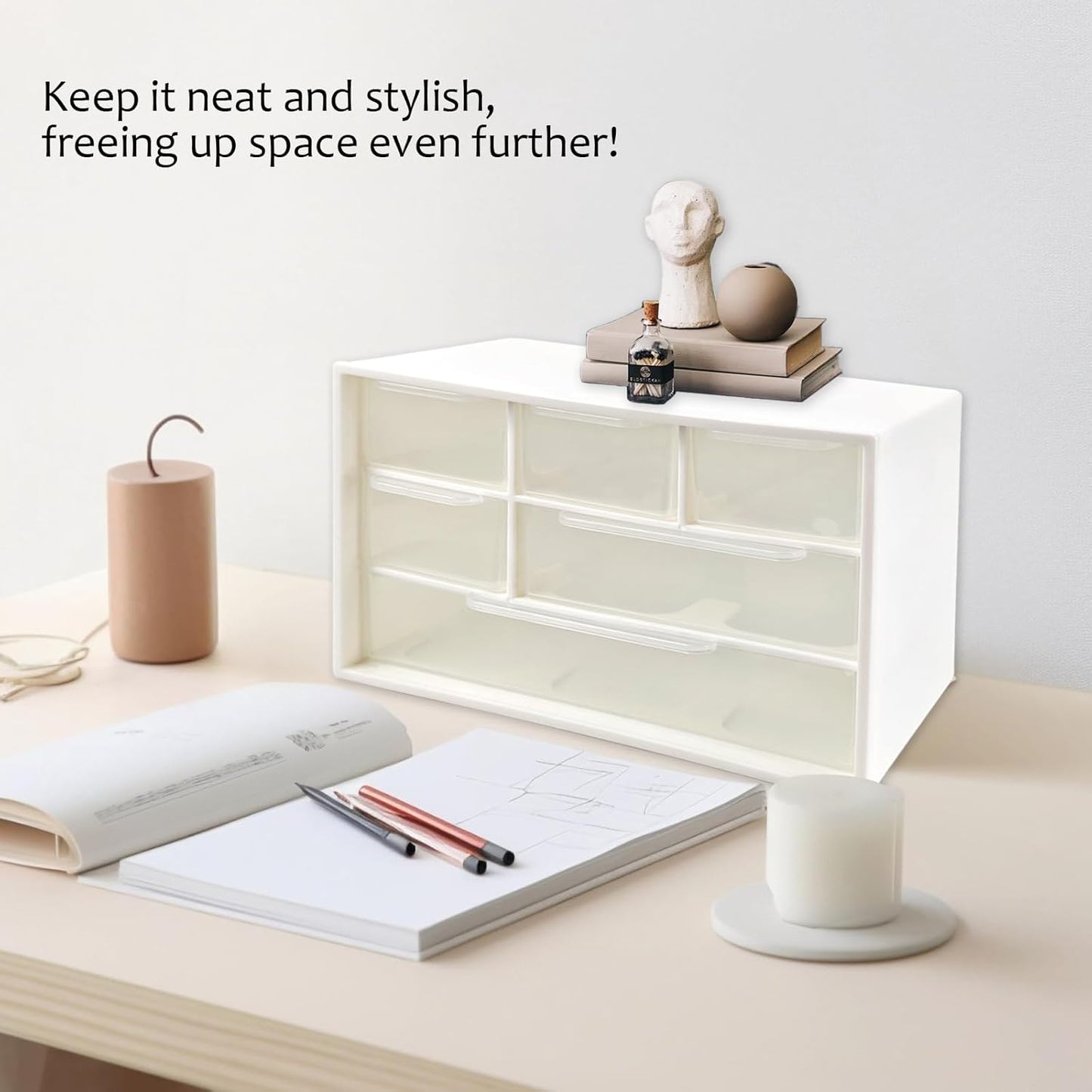 Mini Desk Drawer Organizer with 6 Clear Drawers - 7" x 3.9" x 4.7" Small Plastic Storage Box for Office, Classroom, Crafts, and Home Desktop Organization