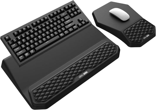 3-in-1 Ergonomic Keyboard Stand with Wrist Rest & Mouse Pad Set, Comfy Keyboard Riser Holder Soft Mousepad with Massage Design, Memory Foam and Non-Slip PU Base for Pain Relief, Black