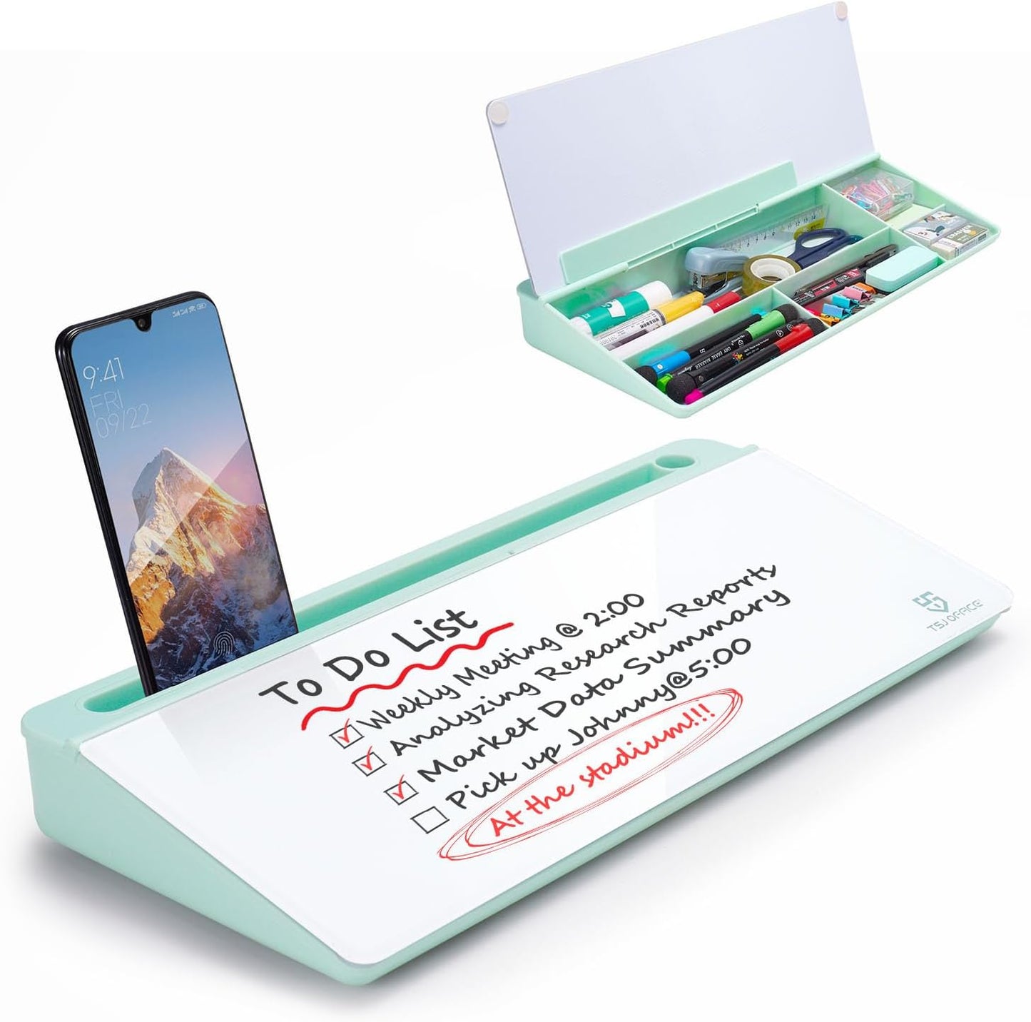 TSJ OFFICE Small Desktop Whiteboard -Glass Dry Erase Board Computer Keyboard Stand White Board Surface Pad with Drawer, Desk Organizers with Accessories for Office, Home, School Supplies - White
