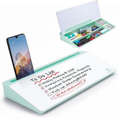 TSJ OFFICE Small Desktop Whiteboard -Glass Dry Erase Board Computer Keyboard Stand White Board Surface Pad with Drawer, Desk Organizers with Accessories for Office, Home, School Supplies - White