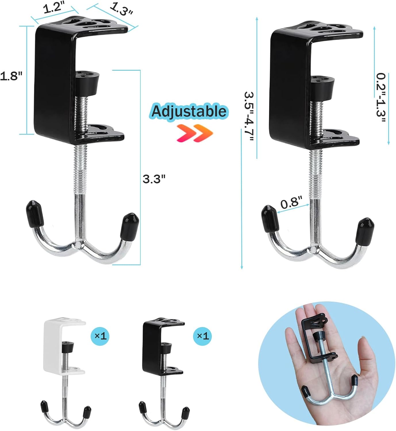 2Pcs Adjustable Purse Hooks for Table & Desk - 100lb Capacity Heavy-Duty Alloy Backpack Hanger, Multi-Use Purse Hanger for Handbag, Headphone, Umbrellas, Space-Saving Desk Organizer (Black & White)