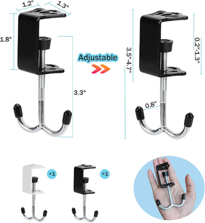 2Pcs Adjustable Purse Hooks for Table & Desk - 100lb Capacity Heavy-Duty Alloy Backpack Hanger, Multi-Use Purse Hanger for Handbag, Headphone, Umbrellas, Space-Saving Desk Organizer (Black & White)