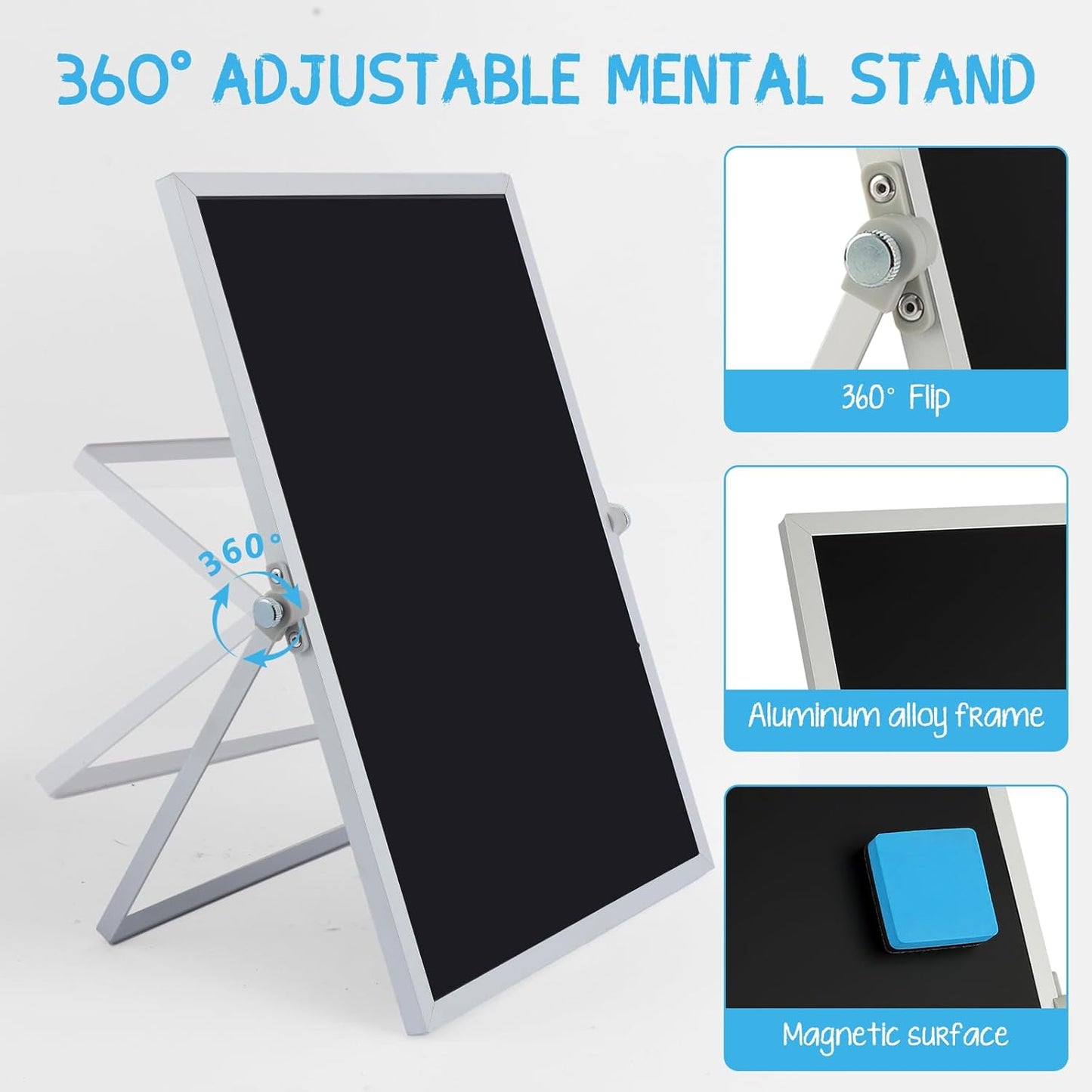 Small Magnetic Chalk Board Easel 10"X10", Double-Sided Tabletop & Wall Hanging Chalkboard with 4 Chalks & Eraser, Desktop Mini Black Board Sign for Office Desk Home Menu and School