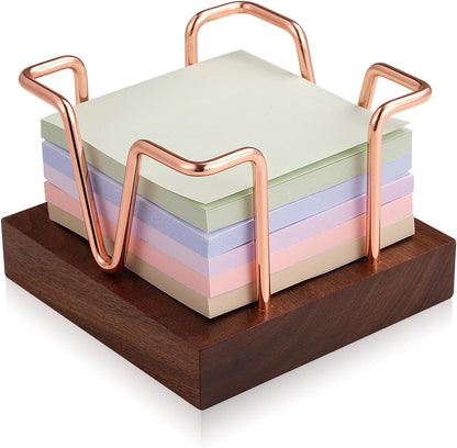 Wood Sticky Note Holder, 3 x 3 inch Self-Stick Note Memo Pad Holder for Desk, Notepad Dispenser for School Office, Gold