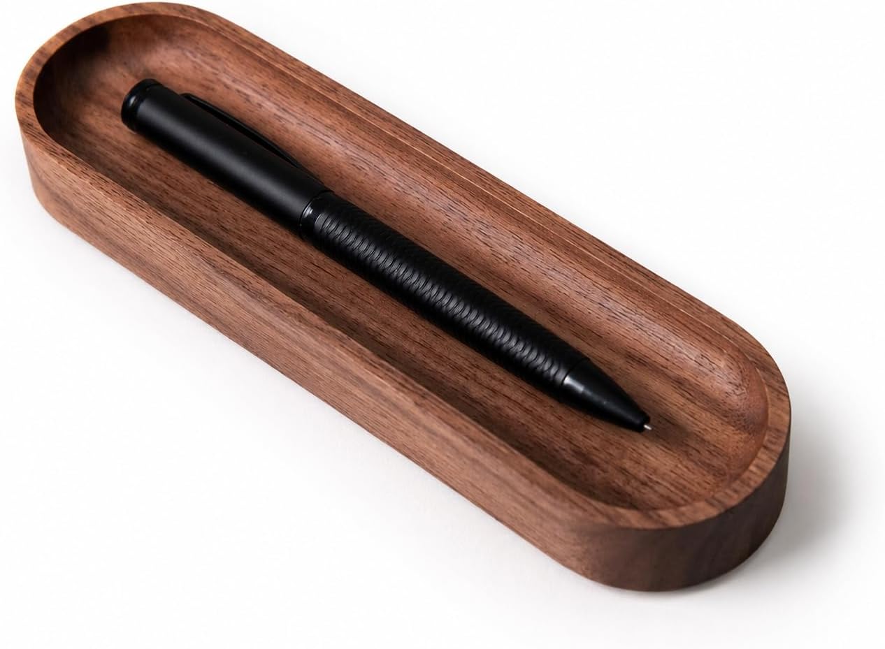 Walnut Wood Pen Tray, Minimalist Oval Wooden Pencil Holder, Office Desk Organizer, Writing Instrument Rest, Work Student Teacher Gift