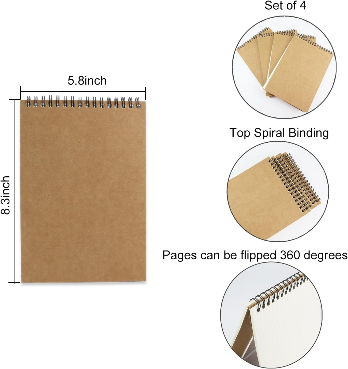 4 Pack Graph Paper Notebook, A5 Top Wirebound Grid Spiral Notebook 5.8" x 8.3",60 Sheets,5mm x 5mm Grid Paper,Grid Notepad for Students, Math, Engineering (4 Colors)