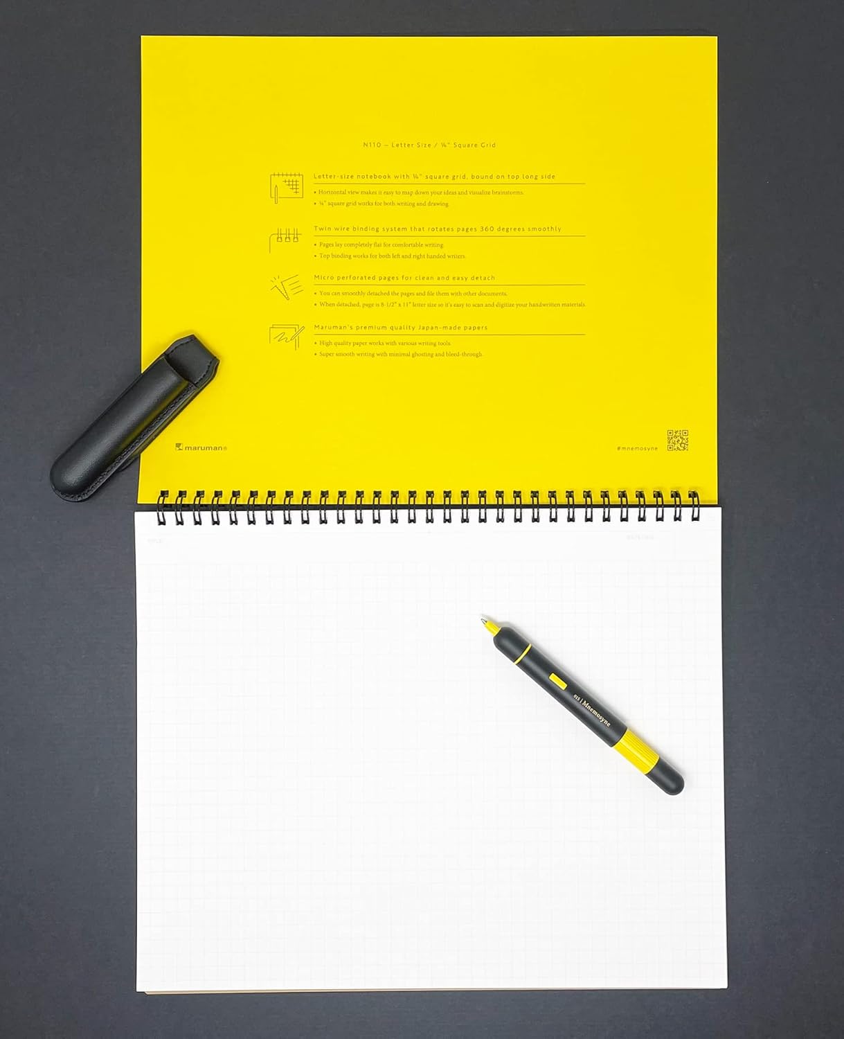 Maruman Mnemosyne Lined Notebook- Vertical A5, 5.83" x 8.27", 70 Sheets / 140 Pages, 7mm College Ruled With Center Line Journal, Perforated Pages & Wire-Bound to Lay Flat, Black, Made in Japan - Colors A
