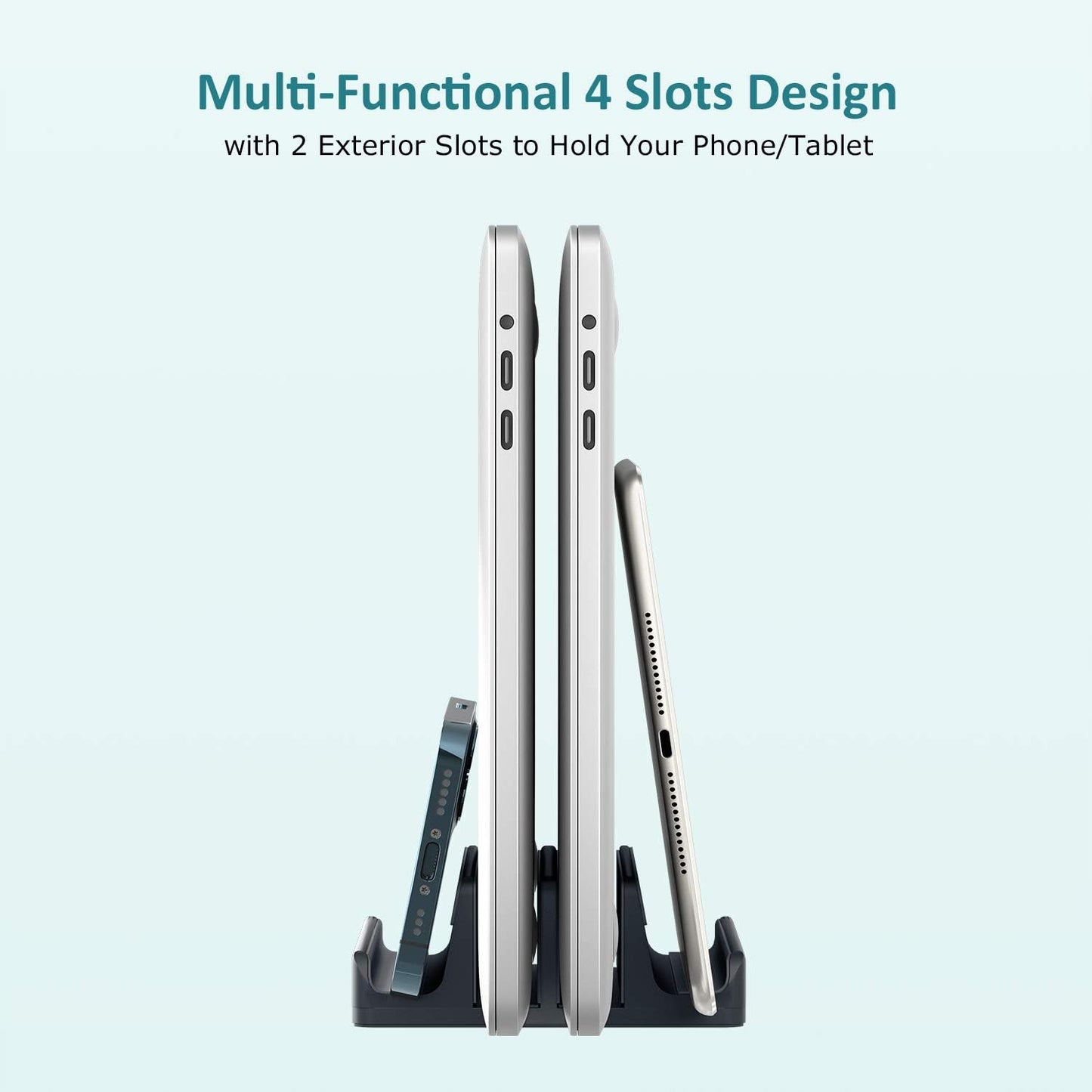Vertical Laptop Stand - SPACEMax Adjustable GRIPLock Anti-Tip Silicone 4 Slots Aluminum Desktop Holder - Double Dock Stand - 2 Phone Slots Fits Up to 17.3” Laptops, Tablets, Phones - Silver