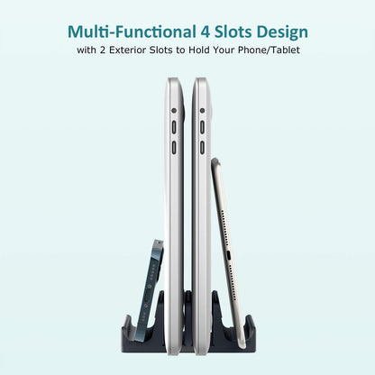 Vertical Laptop Stand - SPACEMax Adjustable GRIPLock Anti-Tip Silicone 4 Slots Aluminum Desktop Holder - Double Dock Stand - 2 Phone Slots Fits Up to 17.3” Laptops, Tablets, Phones - Silver