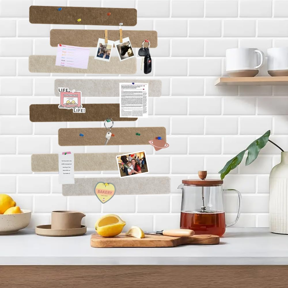Vuzvuv 8 pcs Bulletin Board Bar Strips with 50 Pushpins & 10 Wooden Clip pins，Self Adhesive Cork Board for Wall，Felt Pin Board for School，Office Decor（Black White Grey）