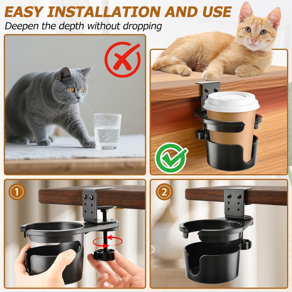 Desk Cup Holder, 360° Rotating Anti-Spill Cup Holder for Desk or Table, Adjustable Clamp Bottles Holder for Gaming Room, Home, Office to Hold Coffee Mugs