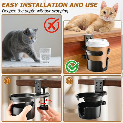 Desk Cup Holder, 360° Rotating Anti-Spill Cup Holder for Desk or Table, Adjustable Clamp Bottles Holder for Gaming Room, Home, Office to Hold Coffee Mugs